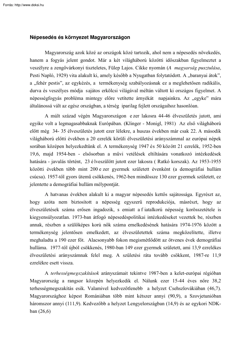 Népesedés és környezet Magyarországon