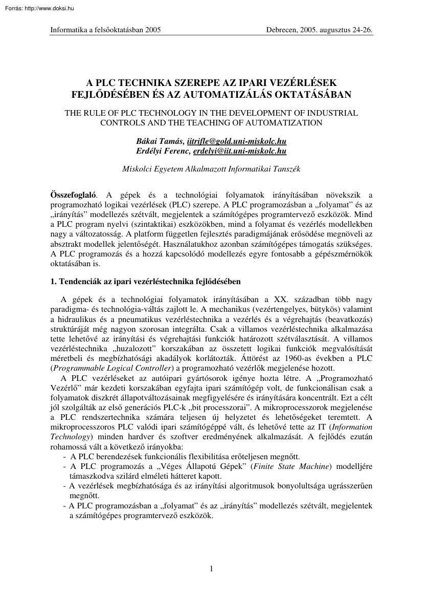 A PLC-technika szerepe az ipari vezérlések fejlődésében és az automatizálás oktatásában