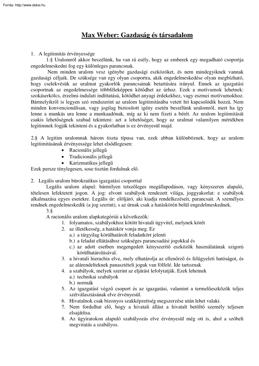 Max Weber - Gazdaság és társadalom, vázlat