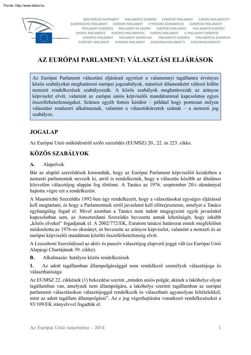 Az európai parlament, választási eljárások