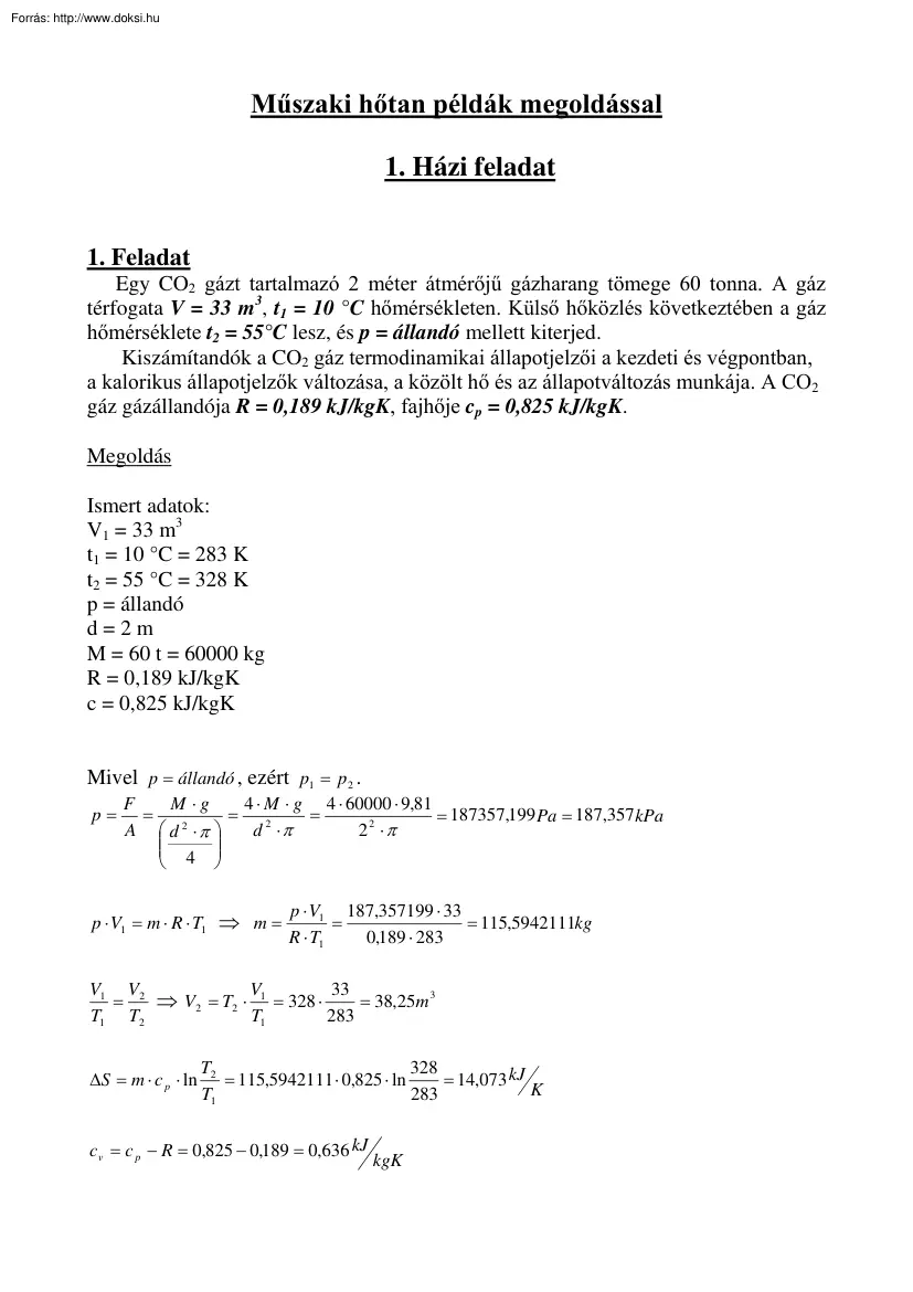 Műszaki hőtan példák megoldással
