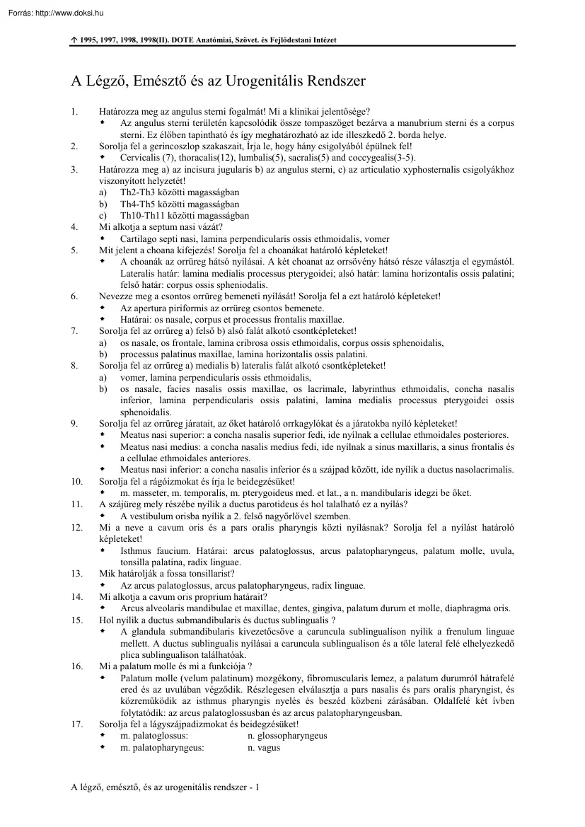 A Légző, Emésztő és az Urogenitális rendszer