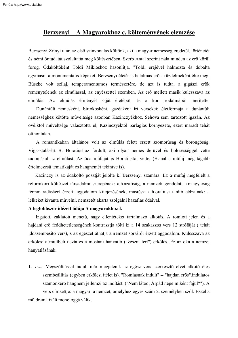 Berzsenyi Dániel A Magyarokhoz c. költeményének elemzése