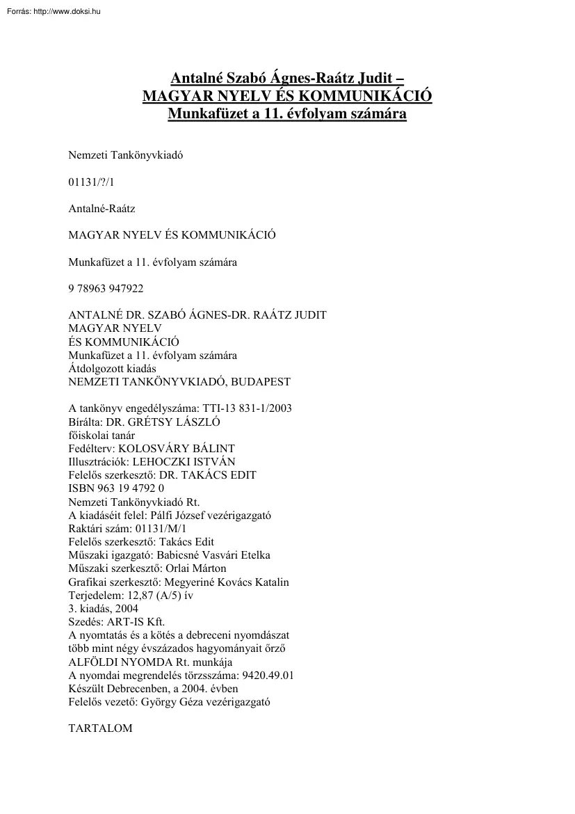 Antalné-Raátz - Magyar nyelv és kommunikáció munkafüzet a 11. évfolyam számára