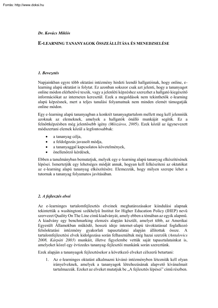 Dr. Kovács Miklós - E-learning tananyagok összeállítása és menedzselése
