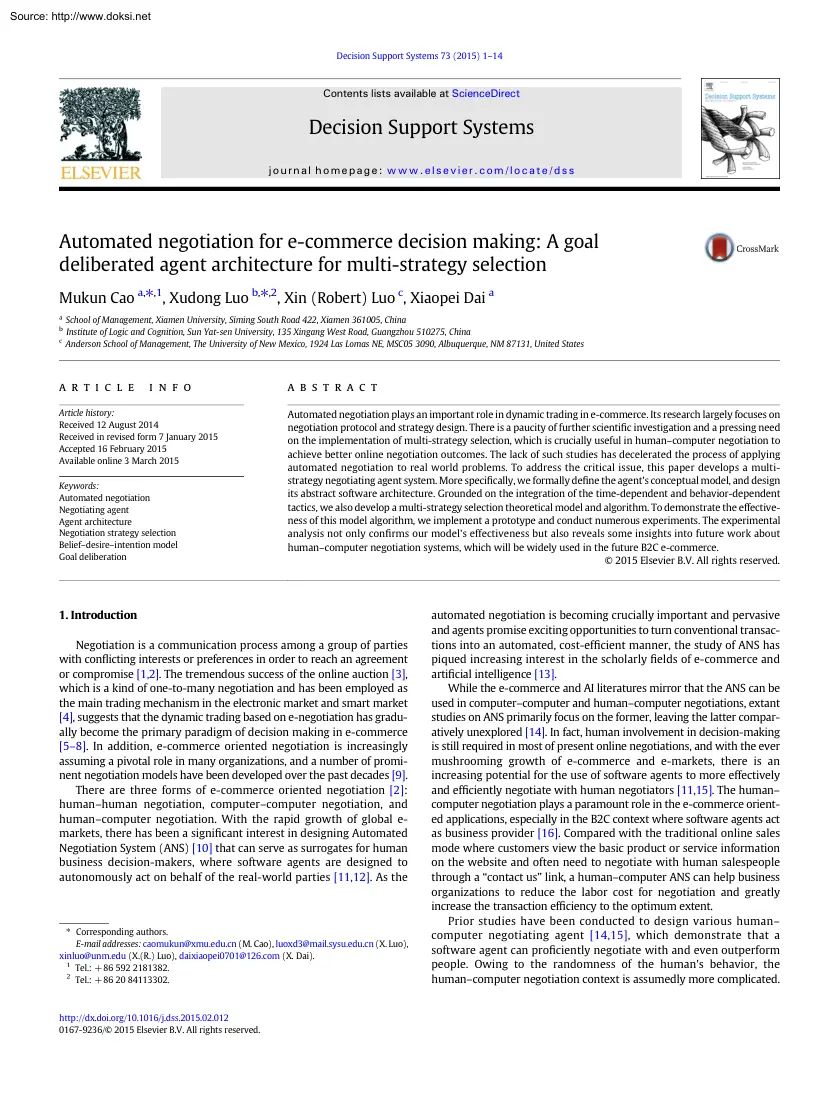 Automated Negotiation for E-commerce Decision Making, A Goal Deliberated Agent Architecture for