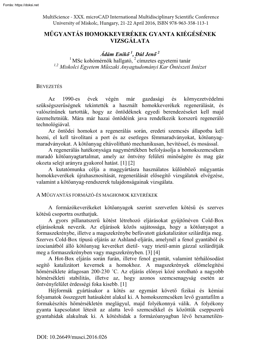 Ádám-Dúl - Műgyantás homokkeverékek gyanta kiégésének vizsgálata
