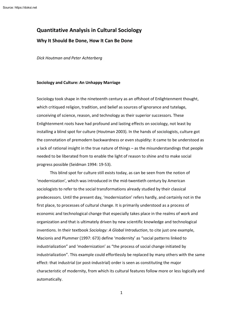 Quantitative Analysis in Cultural Sociology