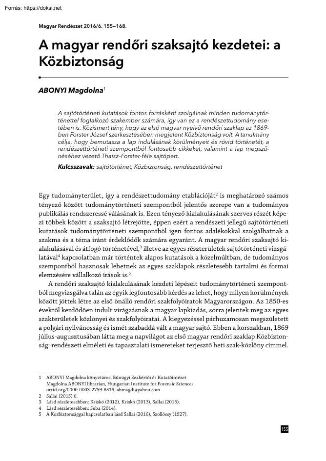 Abonyi Magdolna - A magyar rendőri szaksajtó kezdetei, a Közbiztonság
