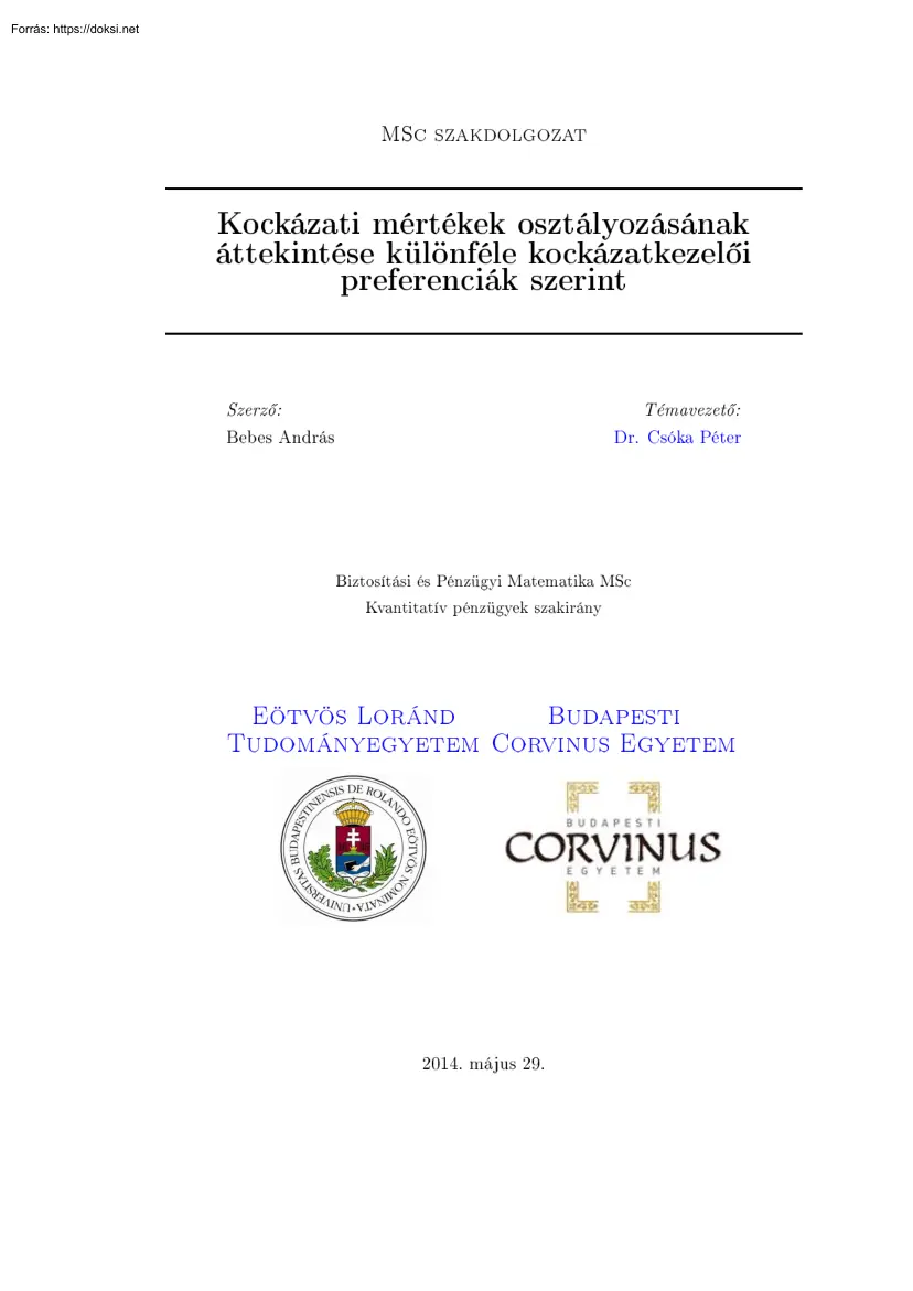 Bebes András - Kockázati mértékek osztályozásának áttekintése különféle