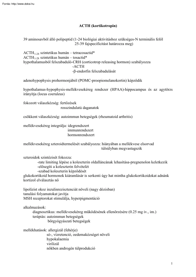 ACTH, mellékvesekéreg hormonok