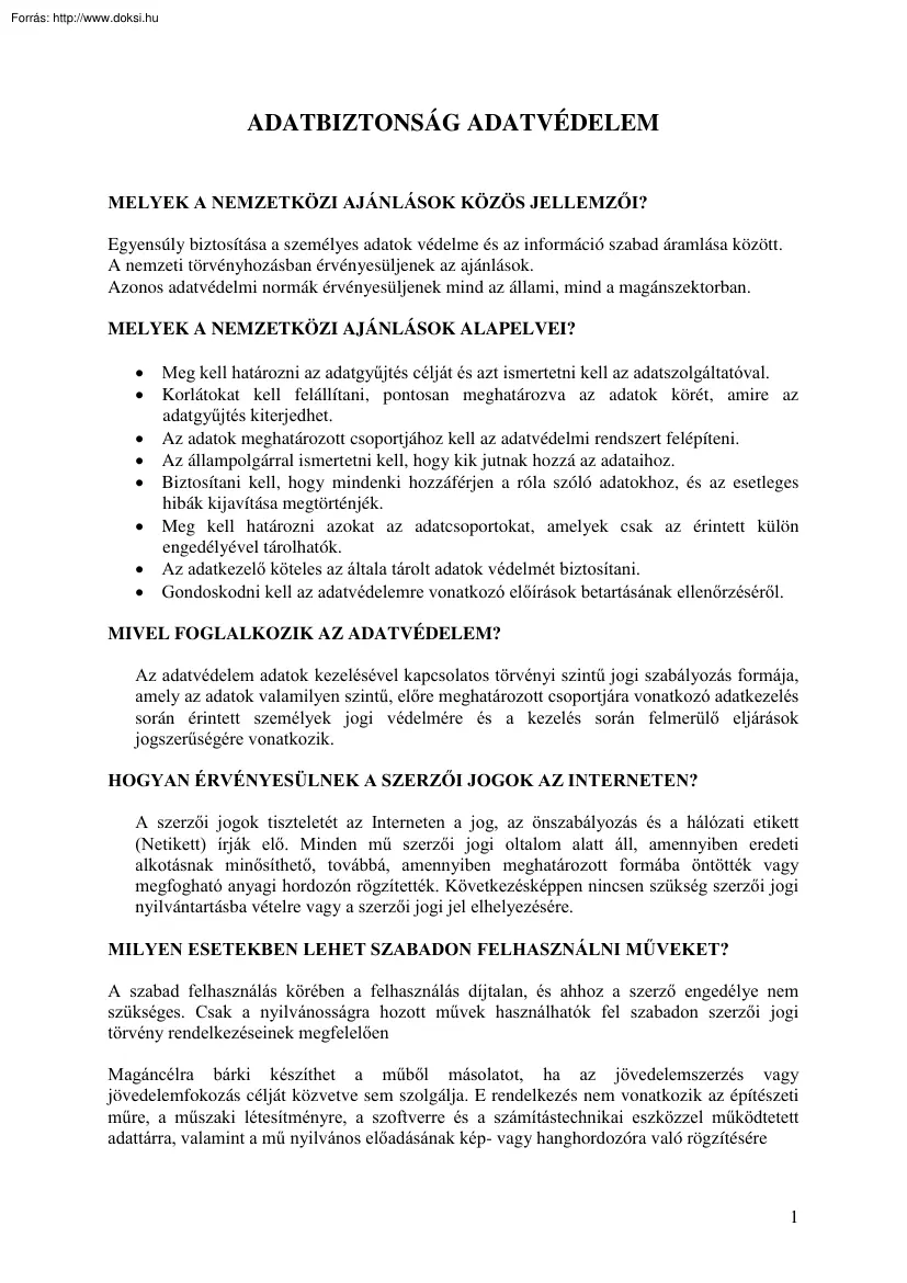 Adatbiztonság, adatvédelem jegyzet