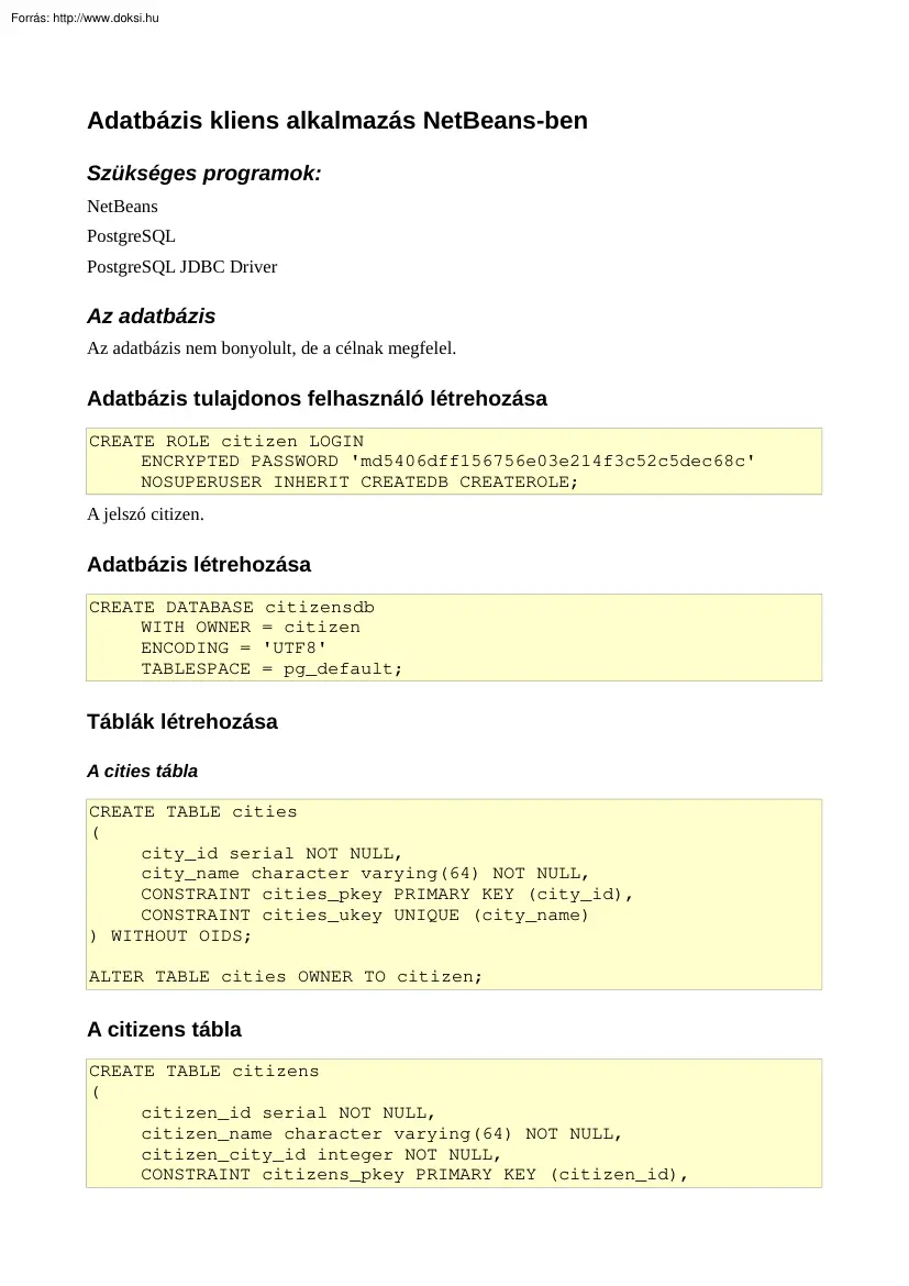Adatbázis kliens alkalmazás NetBeans-ben