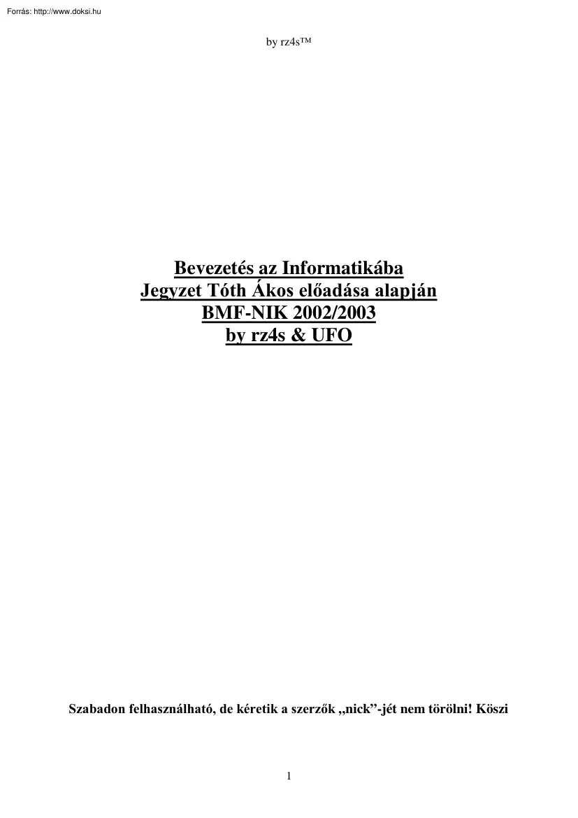 Tóth Ákos - Bevezetés az informatikába, 2003