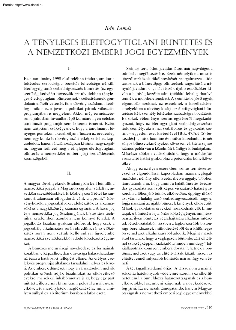 Bán Tamás - A tényleges életfogytiglani büntetés és a nemzetközi emberi jogi egyezmények