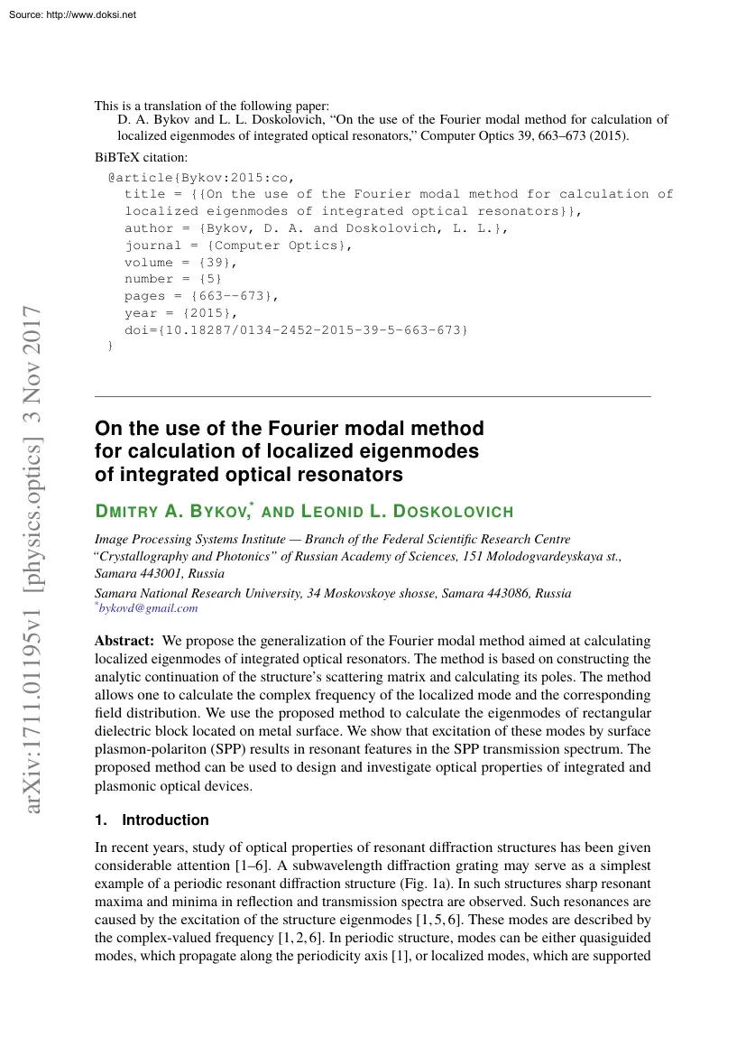 Bykov-Doskolovich - On the Use of the Fourier Modal Method for Calculation of Localized Eigenmodes