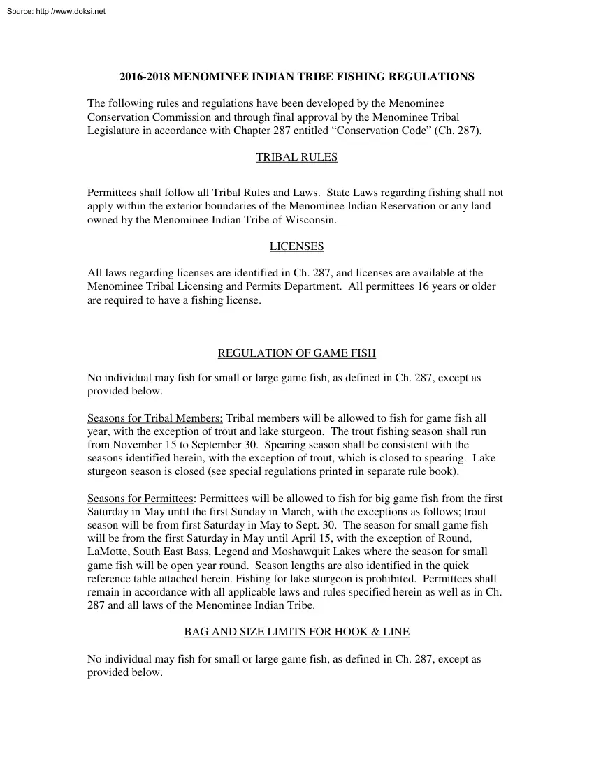 2016 to 2018 Menominee Indian Tribe Fishing Regulations