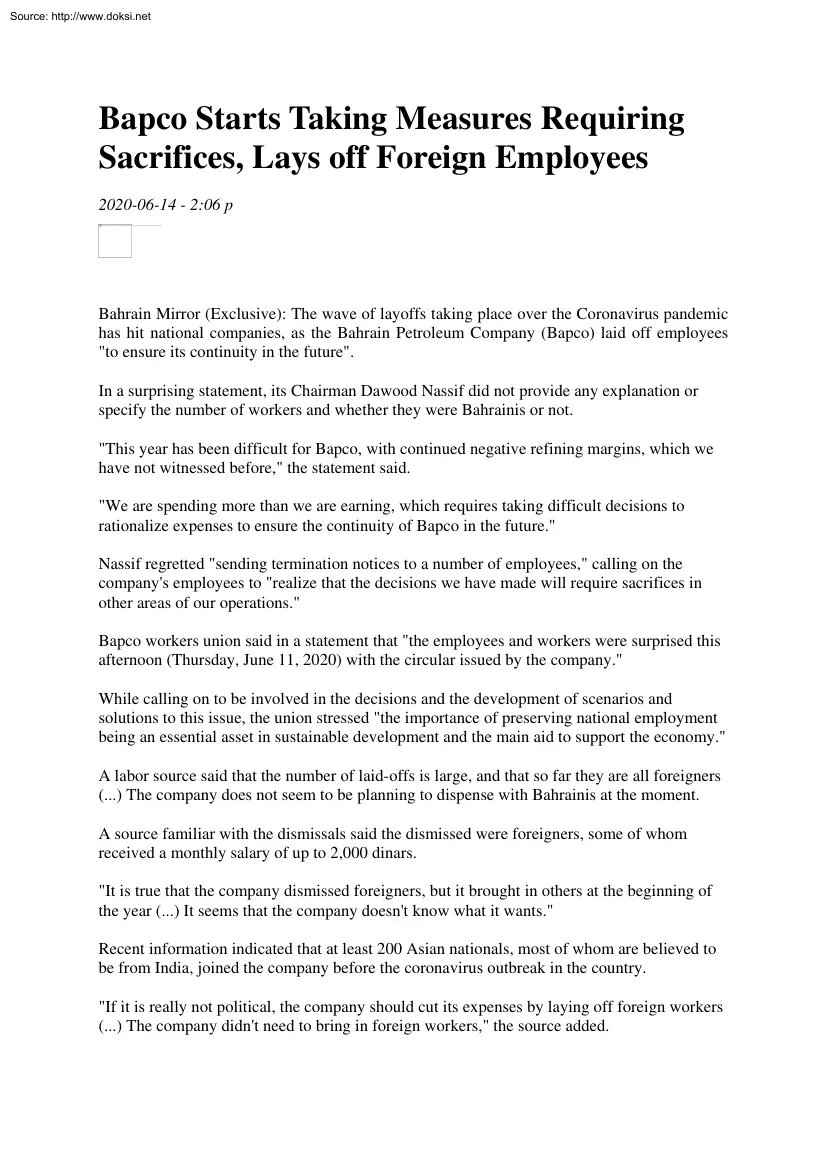 Bapco Starts Taking Measures Requiring Sacrifices, Lays off Foreign Employees