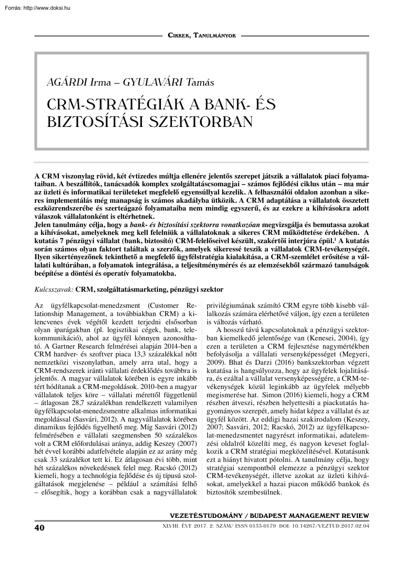 Agárdi-Gyulavári - CRM-stratégiák a bank -és biztosítási szektorban