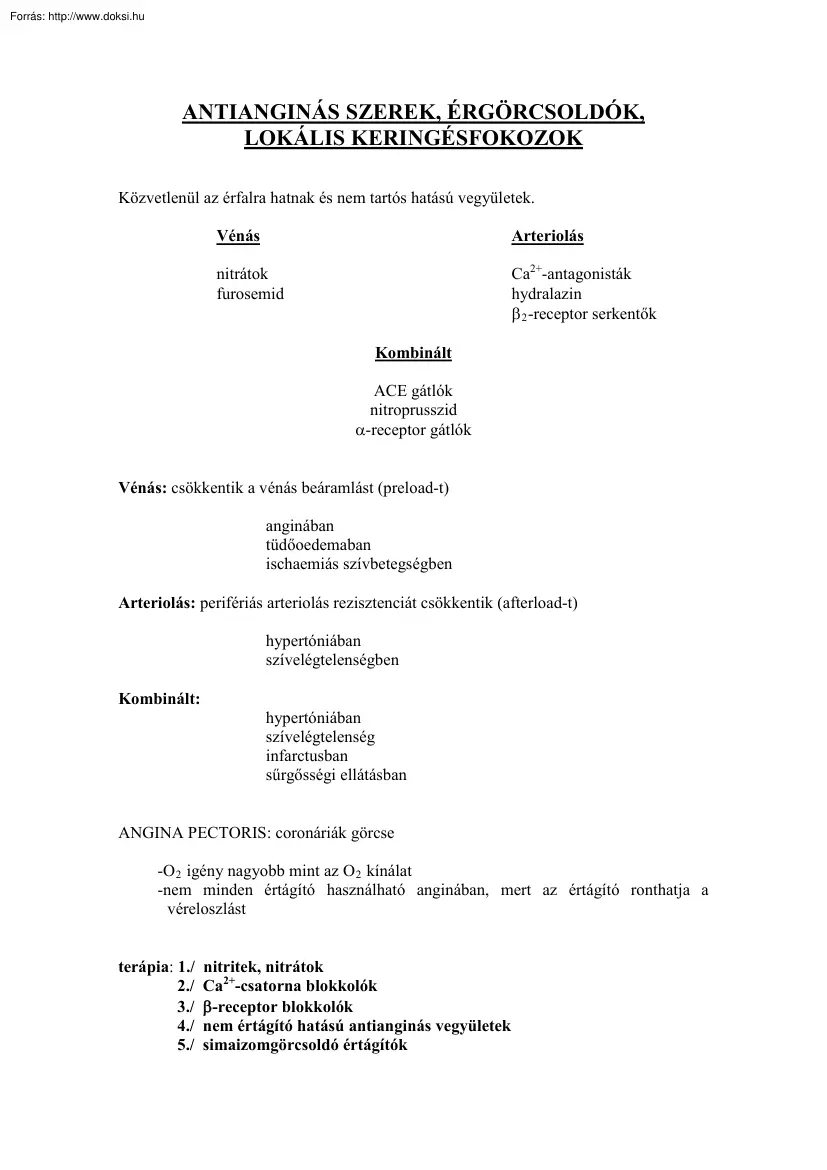 Antianginás szerek, érgörcsoldók, lokális keringésfokozók