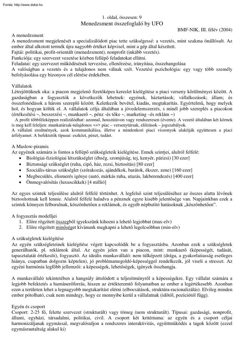 Fábián Zoltán - Menedzsment összefoglaló