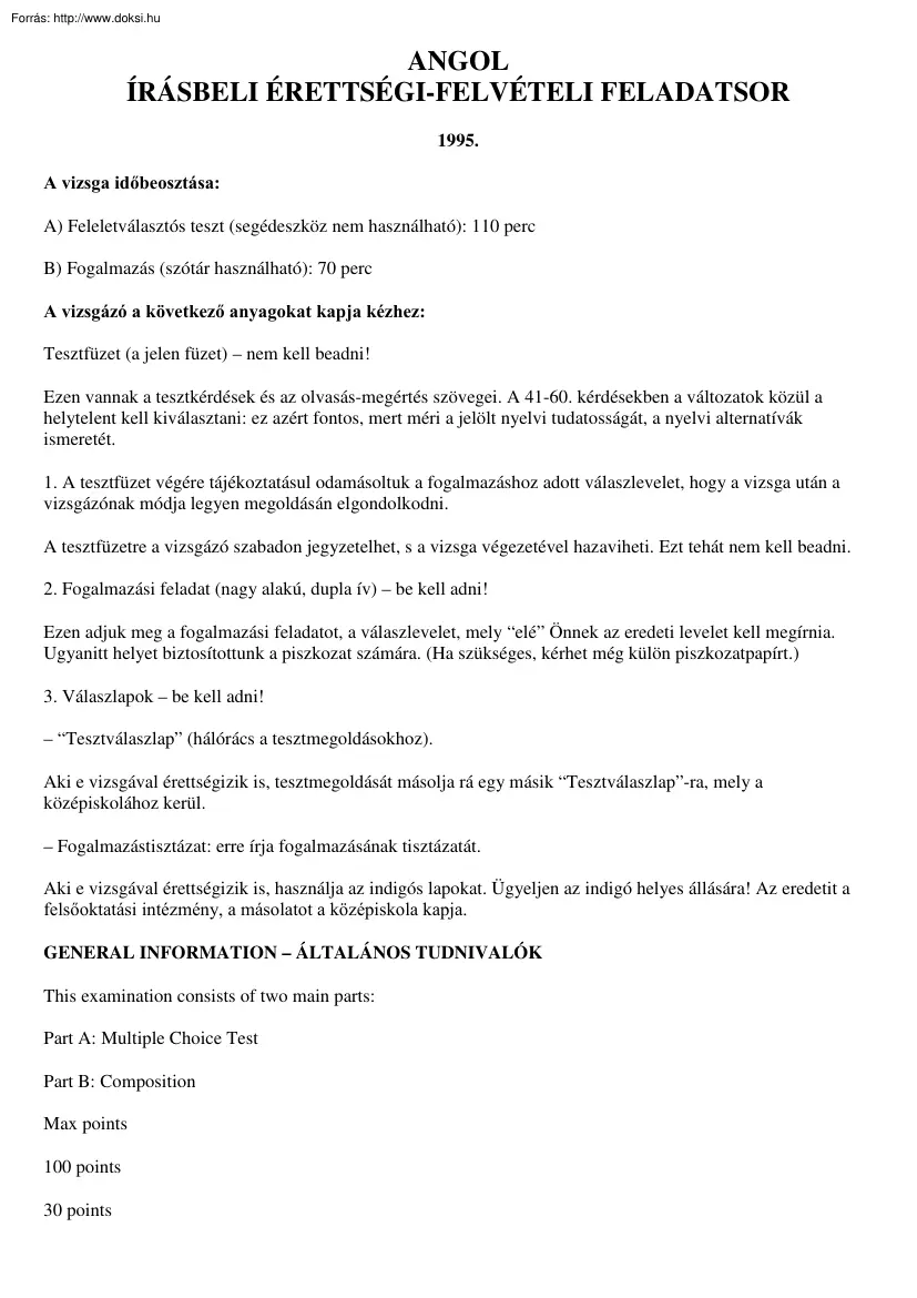 Angol írásbeli érettségi-felvételi feladatsorok 1995-től 2004-ig