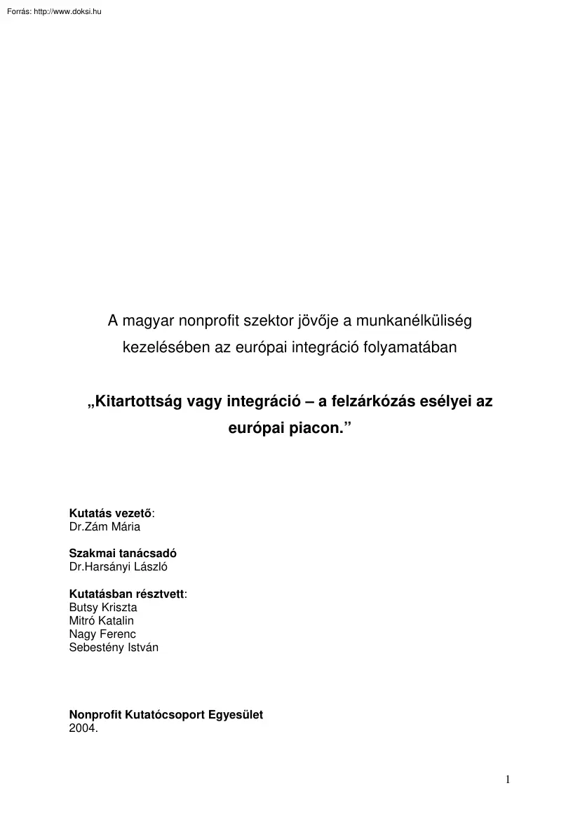 A magyar nonprofit szektor jövője a munkanélküliség kezelésében az európai integráció