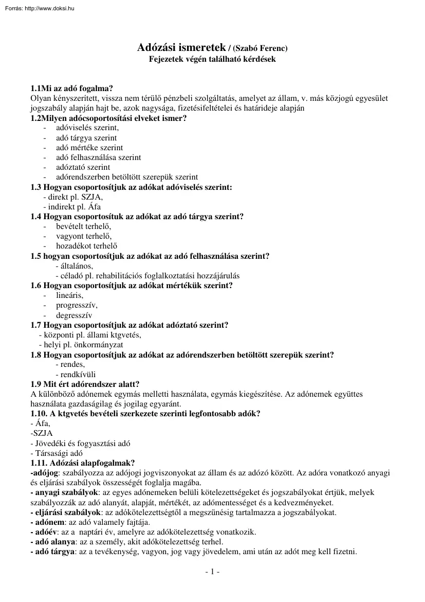 Szabó Ferenc - Adózási ismeretek kidolgozott kérdések