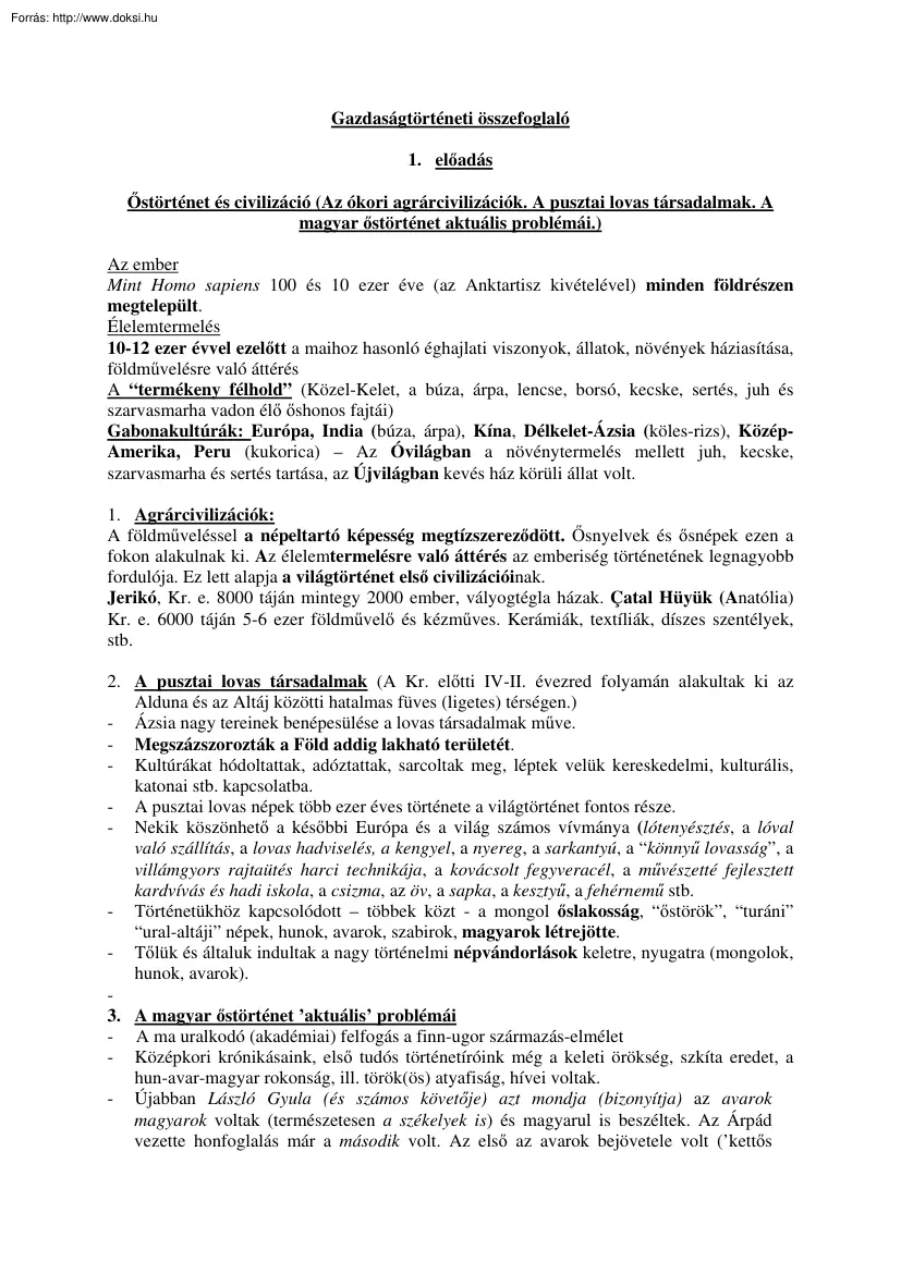 Gazdaságtörténeti összefoglaló