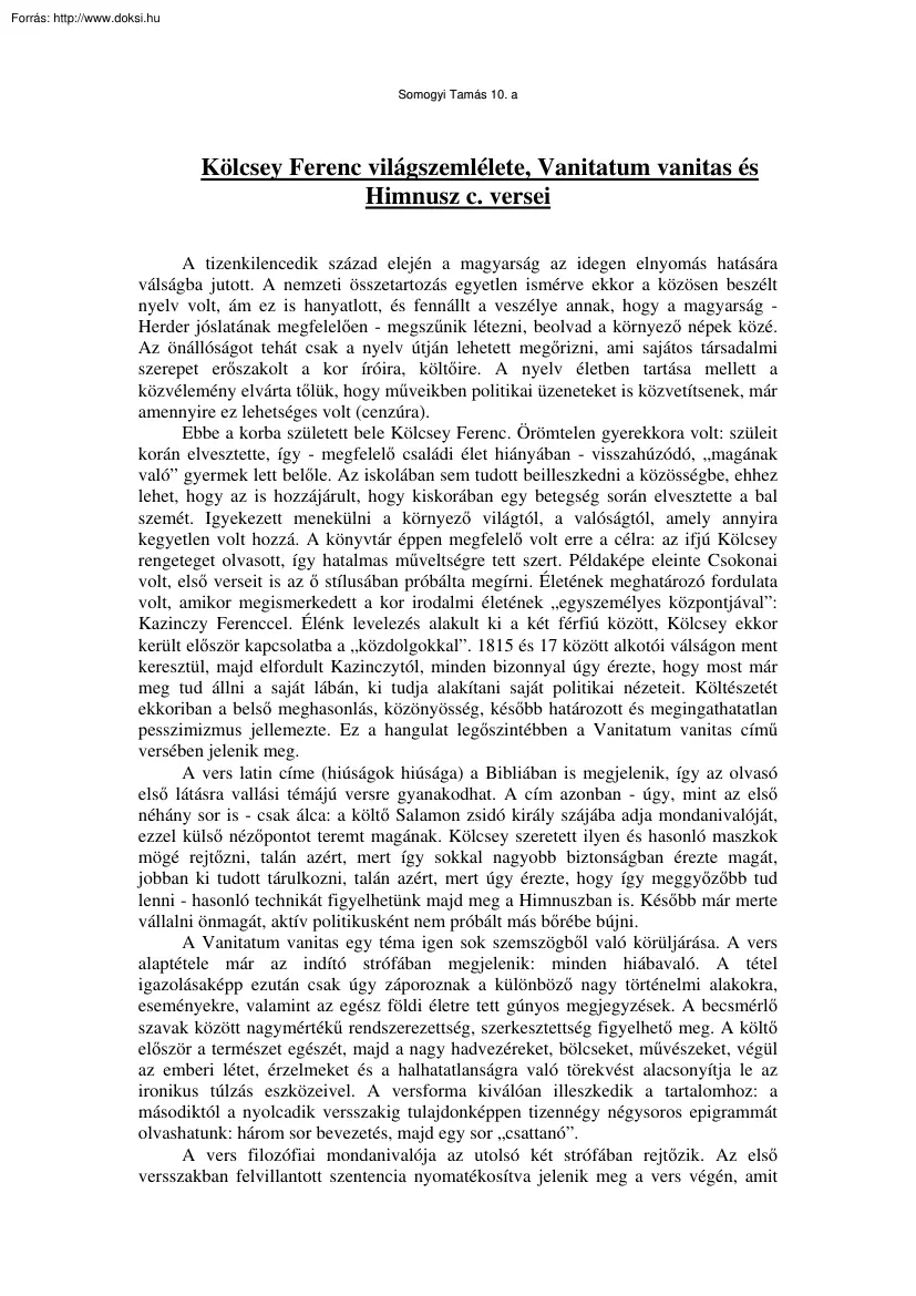 Somogyi Tamás - Kölcsey Ferenc világszemlélete, Vanitatum vanitas és Himnusz c. versei