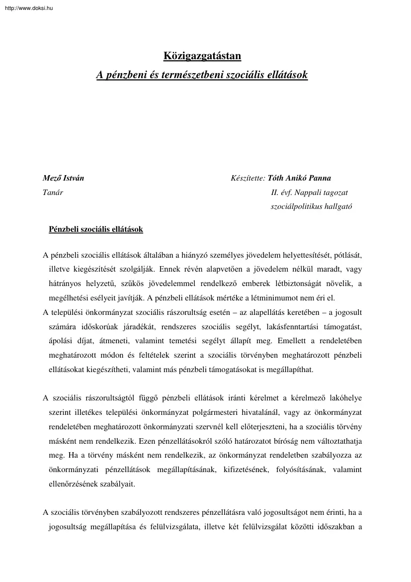 A pénzbeni és természetbeni szociális ellátások