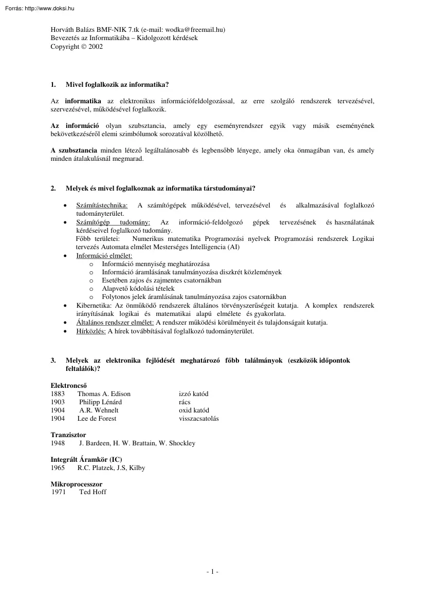 BMF-NIK Bevezetés az Informatikába I
