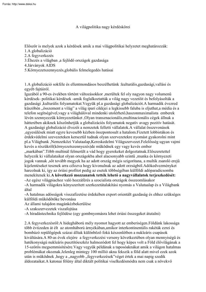 A világpolitika nagy kérdéskörei