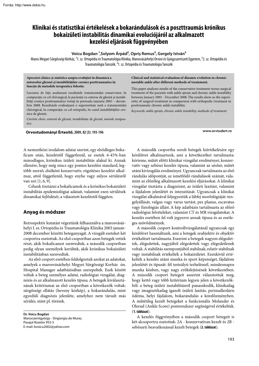 Voicu-Solyom-Opris - Klinikai és statisztikai értékelések a bokarándulások és a