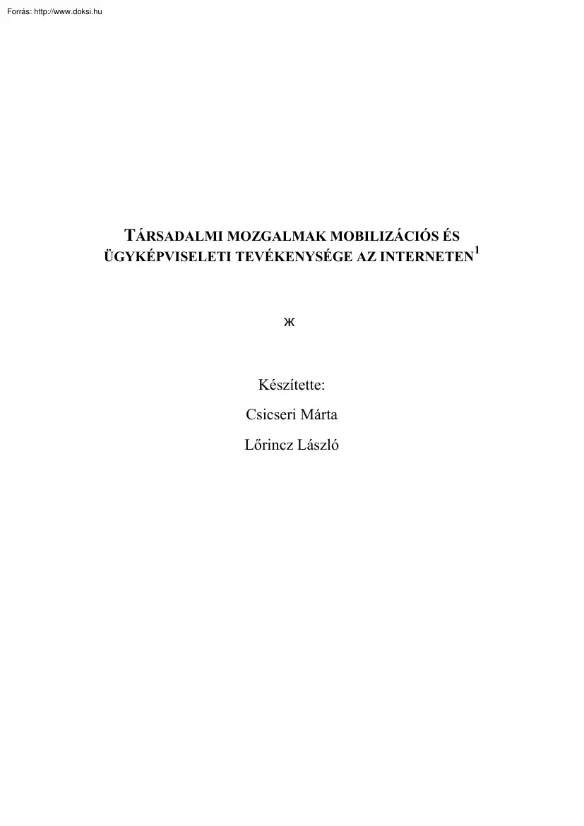 Csicseri-Lőrincz - Társadalmi mozgalmak mobilizációs és ügyképviseleti tevékenysége az