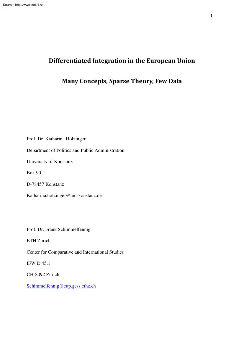 Holzinger-Schimmelfennig - Differentiated Integration in the European Union Many Concepts, Sparse
