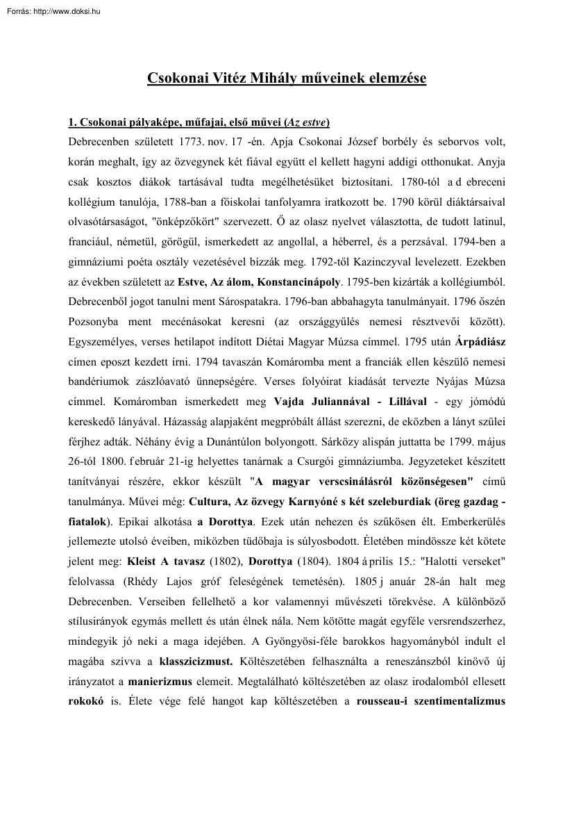 Csokonai Vitéz Mihály műveinek elemzése