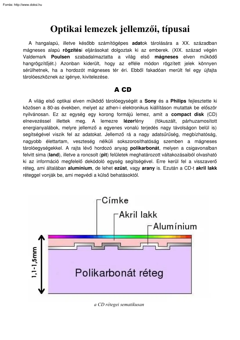 Optikai lemezek jellemzői, típusai