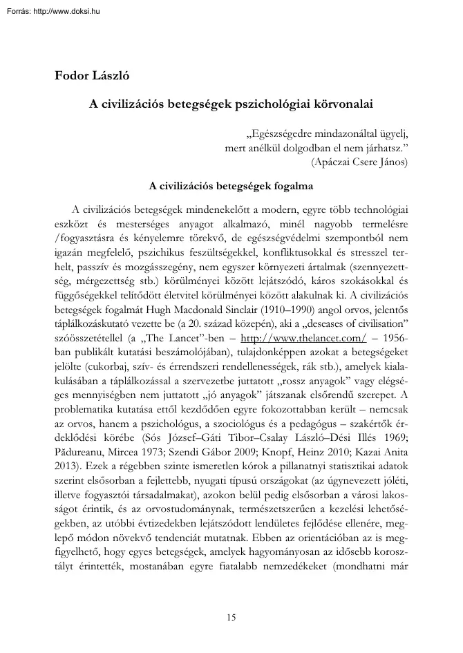 Fodor László - A civilizációs betegségek pszichológiai körvonalai
