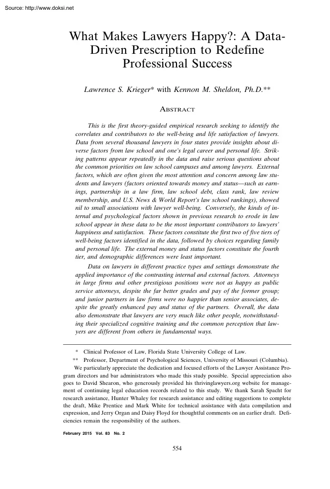 Krieger-Sheldon - What Makes Lawyers Happy, A Data Driven Prescription to Redefine Professional