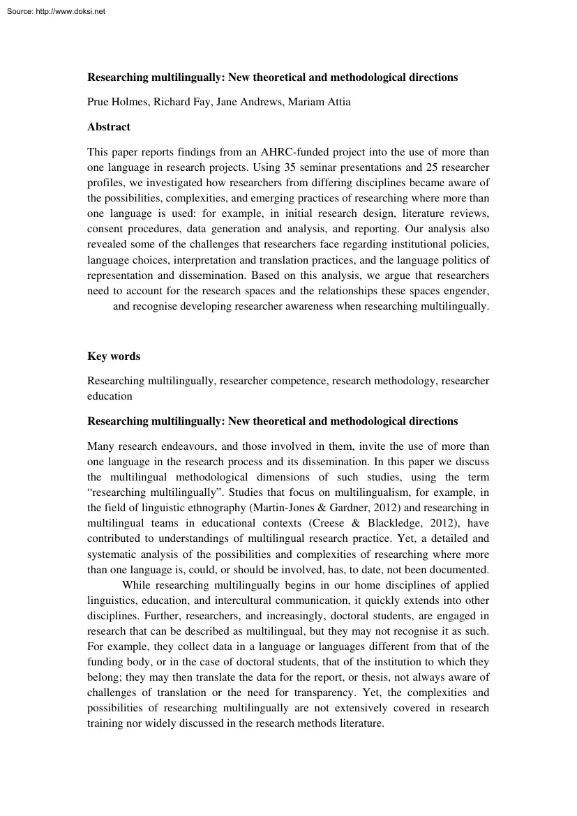 Holmes-Fay-Andrews - Researching Multilingually, New Theoretical and Methodological Directions