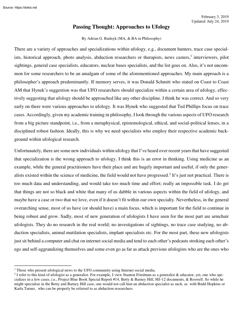 Adrian G. Rudnyk - Passing Thought, Approaches to Ufology