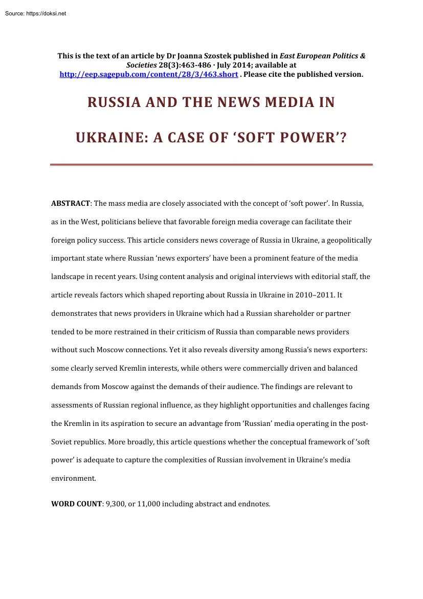 Russia and the News Media in Ukraine, A Case of Soft Power