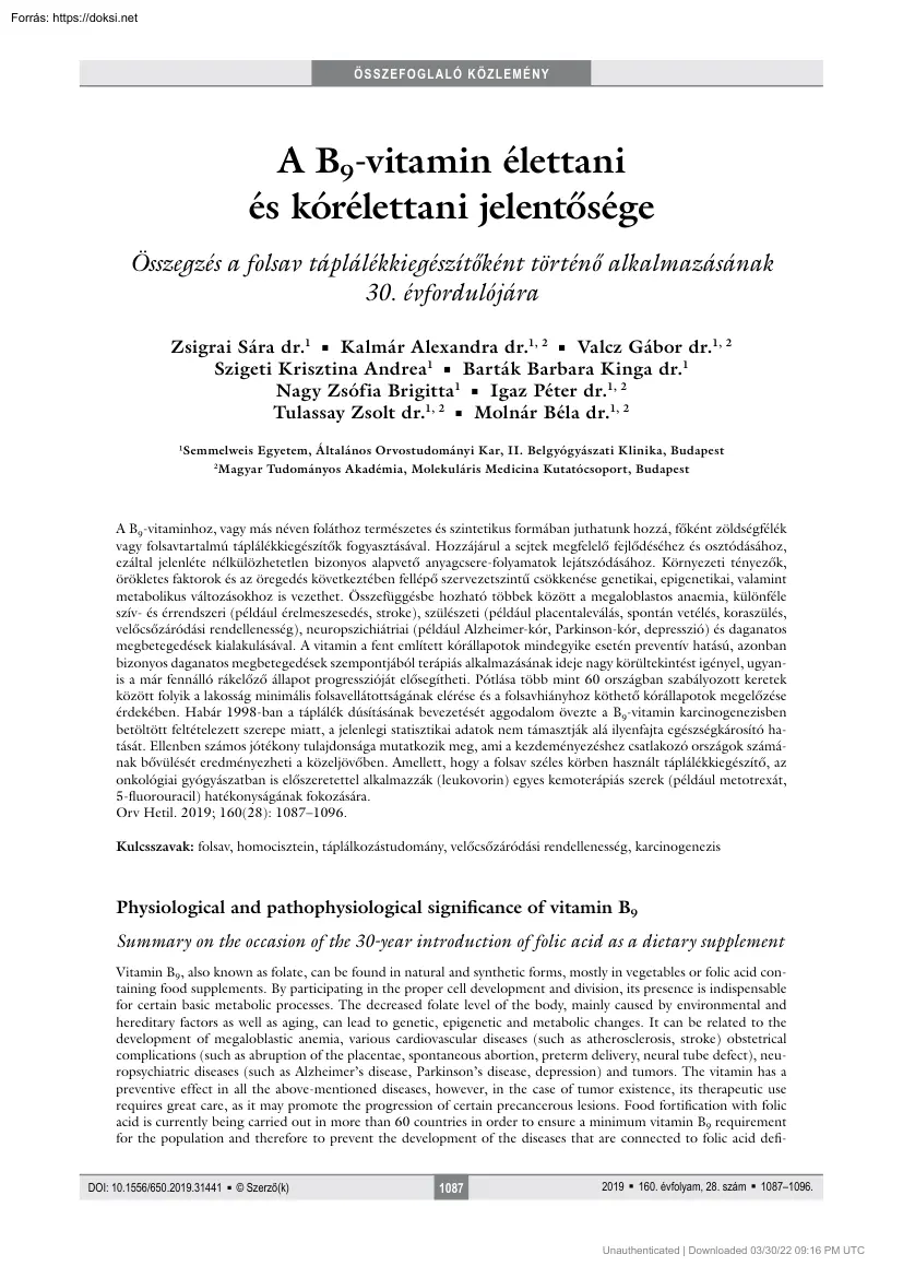 A B9-vitamin élettani és kórélettani jelentősége