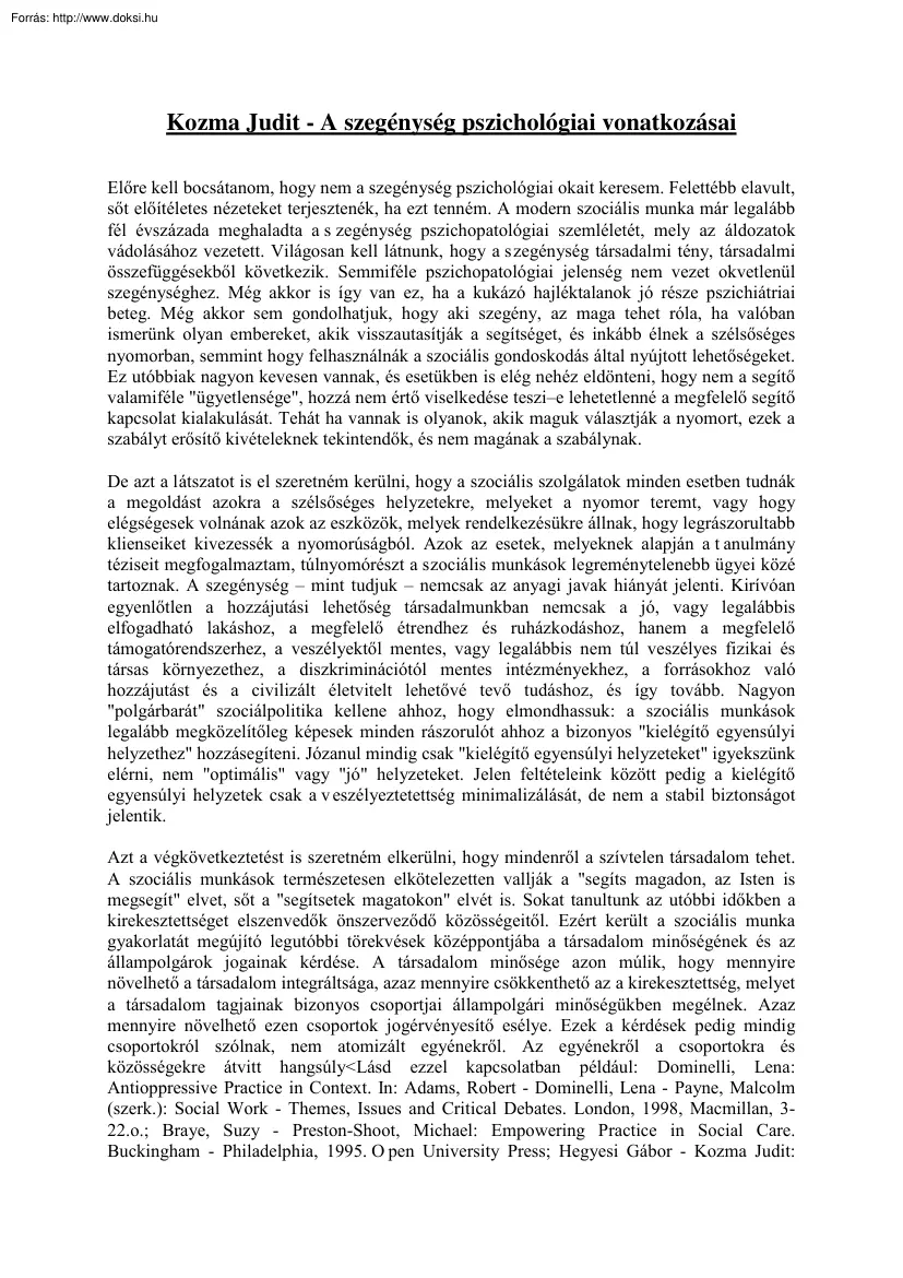 Kozma Judit - A szegénység pszichológiai vonatkozásai