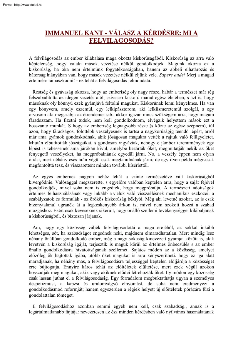 Immanuel Kant - Válasz a kérdésre, mi a felvilágosodás?