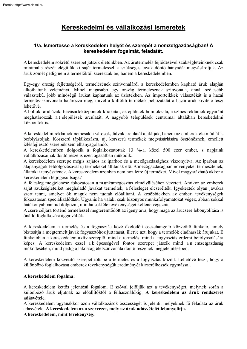 Kereskedelmi és vállalkozási ismeretek