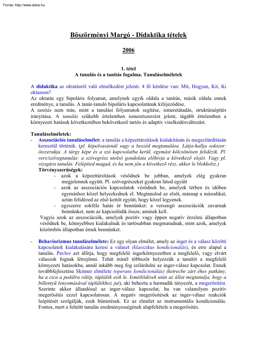 Böszörményi Margó - Didaktika tételek, 2006