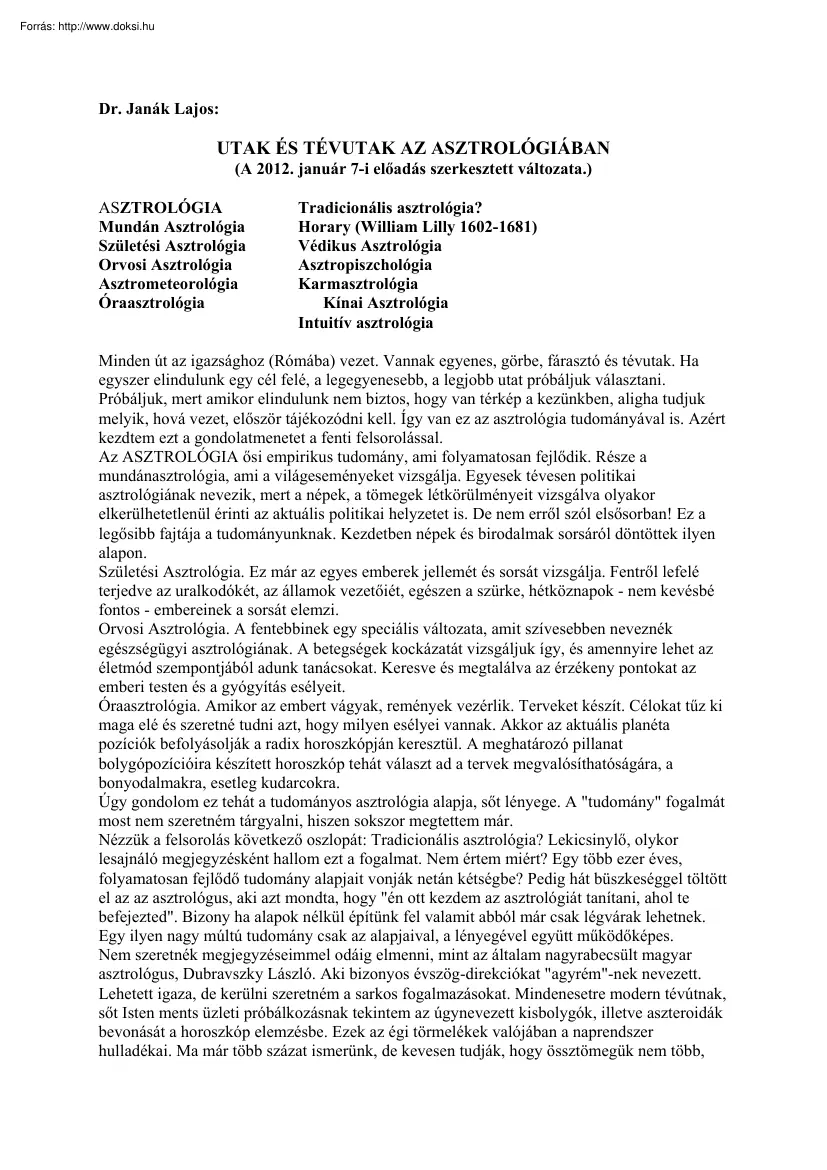 Dr. Janák Lajos - Utak és tévutak az asztrológiában