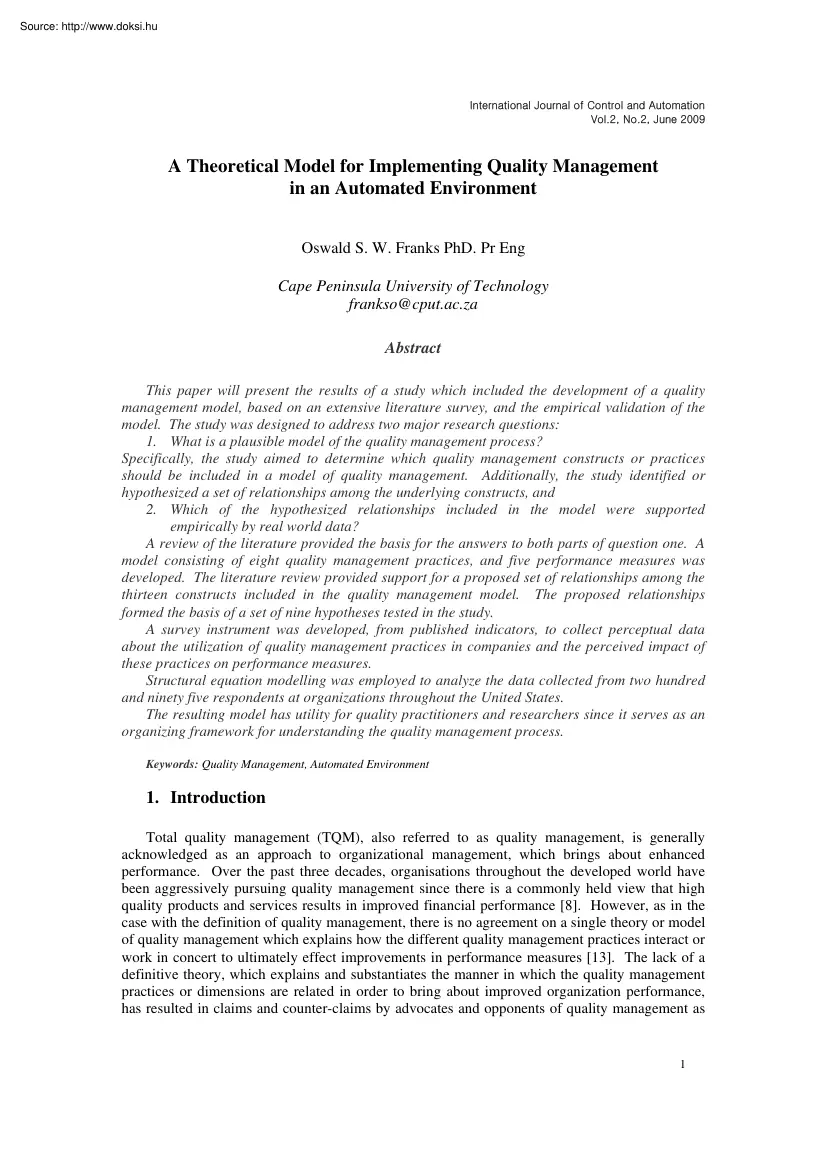 A theoretical model for implementing quality management